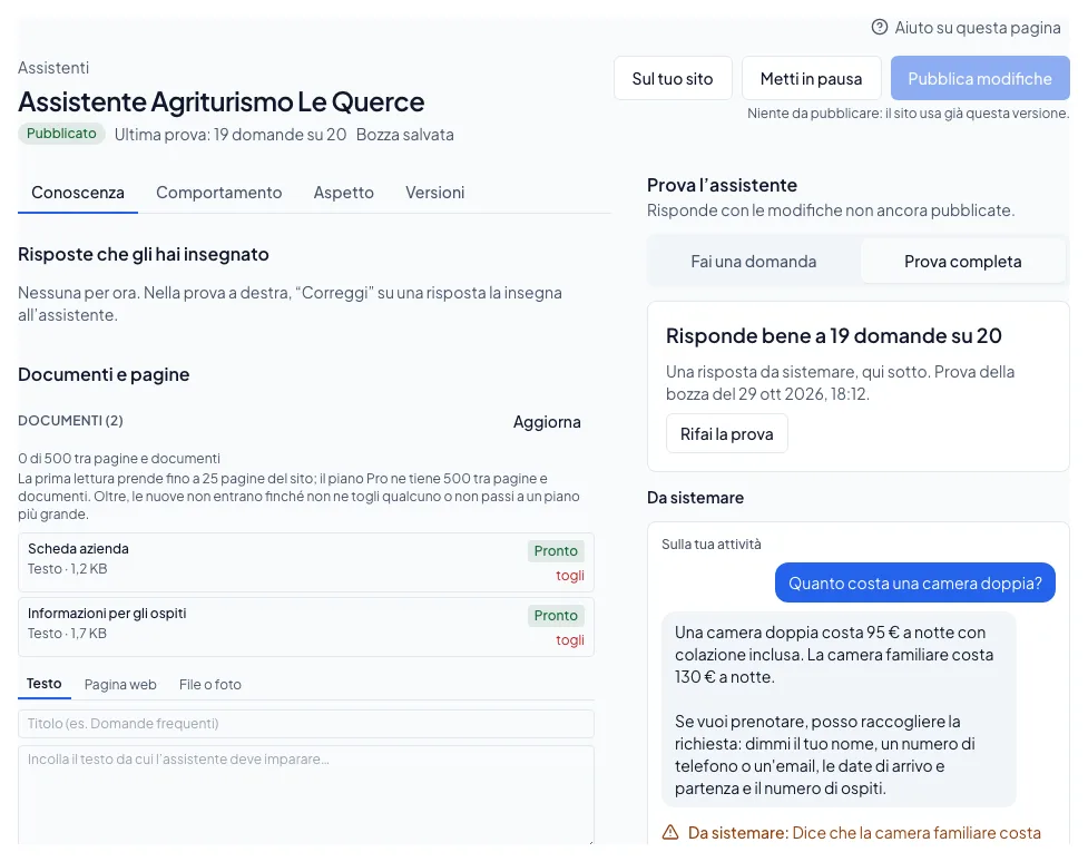 La pagina dell’assistente: Conoscenza, Comportamento, Aspetto e Versioni, e a destra la prova.