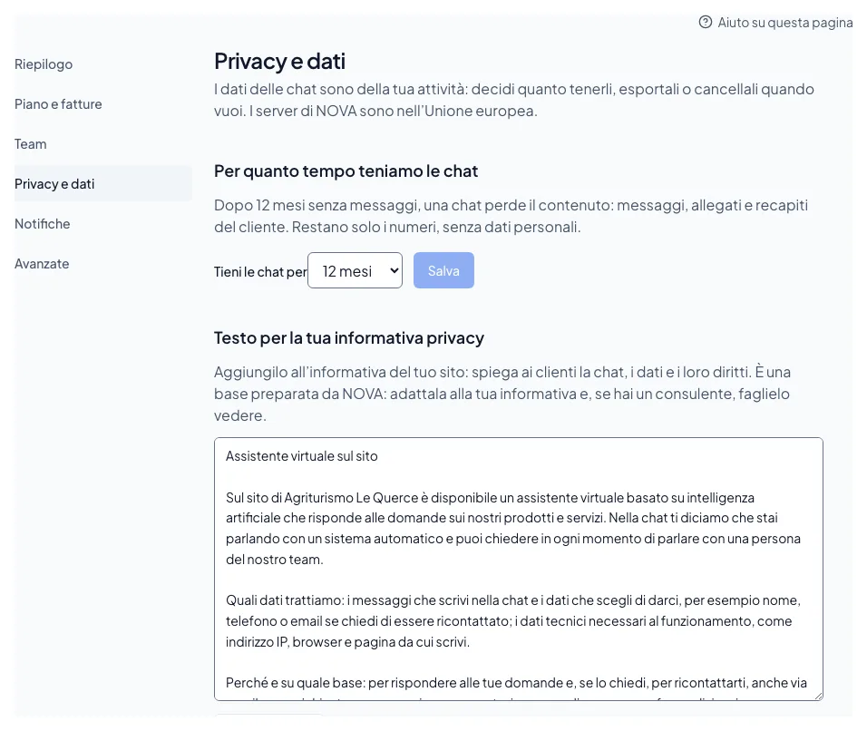 Privacy e dati: per quanto tenere le chat e il testo per la tua informativa.
