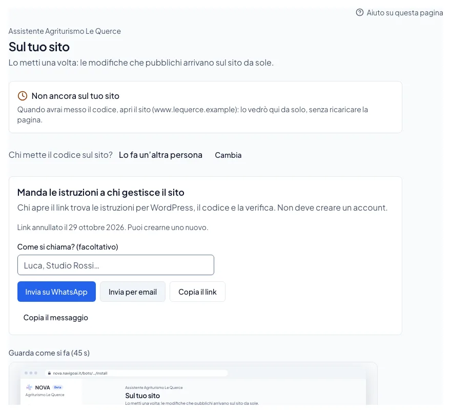 Sul tuo sito con «Lo fa un’altra persona»: le istruzioni da mandare su WhatsApp, per email o con il link.
